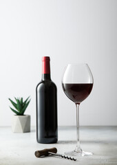Red wine glass and bottle with corkscrew and green plant.