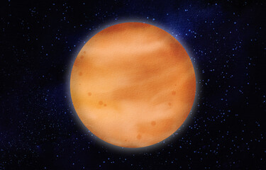 Venus - the second planet in the solar system. Nighttime starry sky. ancient Roman goddess of love, Venus. Earth's 'sister.' In astrology, patron of Taurus and Libra. Watercolor isolated illustration © Mari Ka