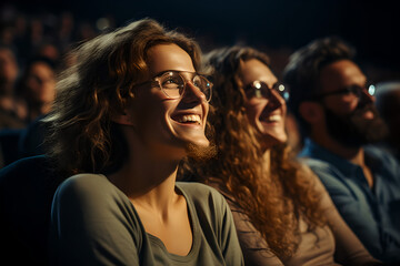 Fototapeta premium Cheerful people sitting in movie theater and watching cinema