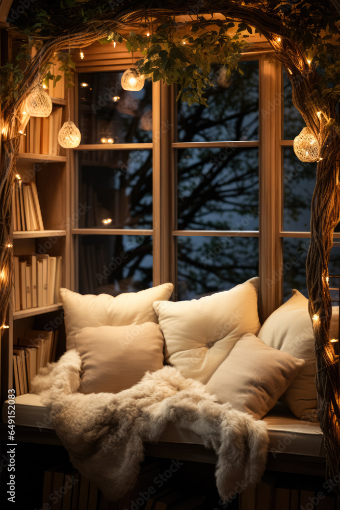 Aufkleber Cozy night time reading nook with ambient lighting background with empty space for text 