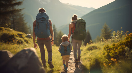 Obraz premium Back view of family walking in mountain forest enjoying hiking together