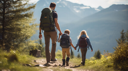 Back view of family walking in mountain forest enjoying hiking together