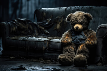 Dark shadows enveloping a lone teddy bear implying childhood nightmares 