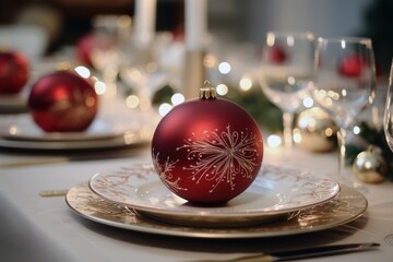 Christmas table decoration closeup, red Xmas ball and festive holiday place setting