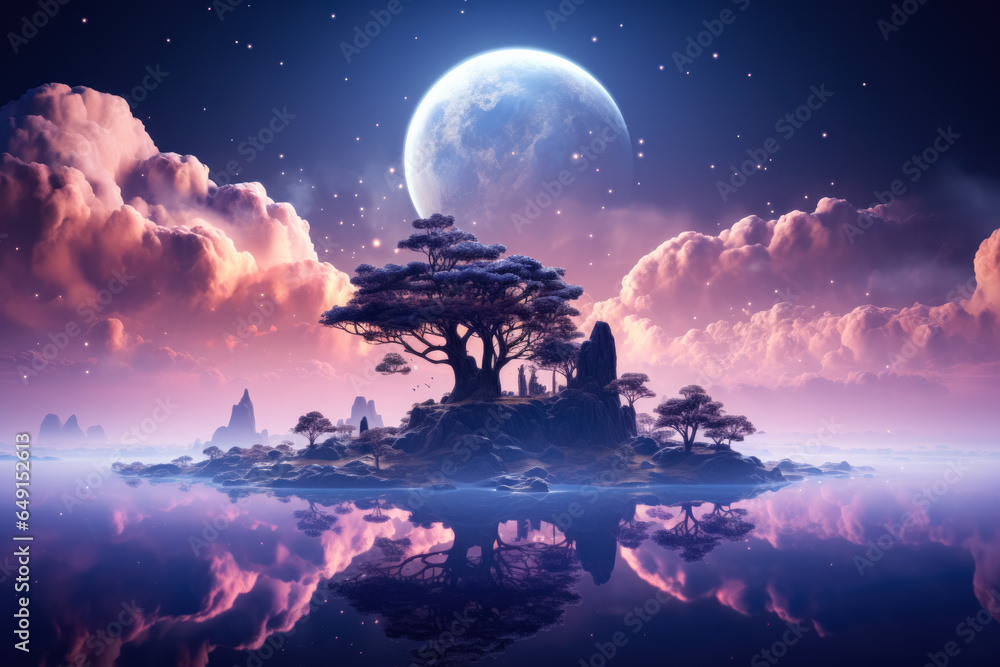 Poster surreal floating islands against a twilight sky background with empty space for text