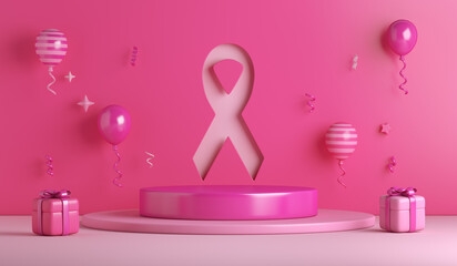 Breast cancer awareness ribbon decoration background with display podium, gift box, pink balloon, copy space text, 3d rendering illustration