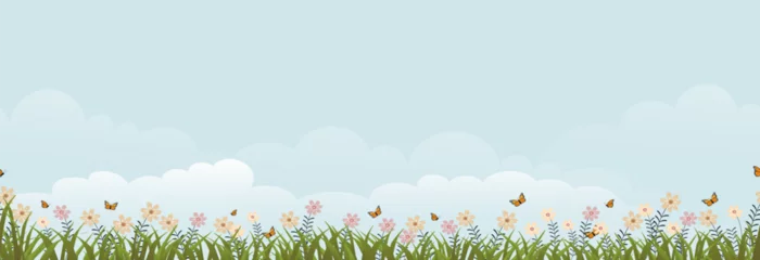 Keuken spatwand met foto Seamless pattern Spring flower with Green Grass Field,Cloud and Blue Sky Background,Vector Cute Cartoon for Easter, Sunrise Summer countryside  landscape with lawn butterfly flying over daisy flower © Anchalee