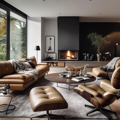 Brown leather chairs, grey sofa, fireplace, mid-century style, home interior design of modern living