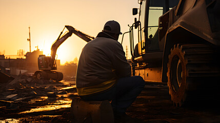 Fototapeta premium Sunset on the construction site. Silhouette of engineer sitting near excavator