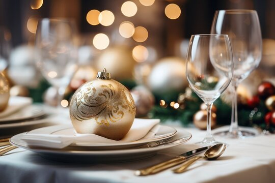Christmas table decoration closeup, Xmas ball and festive holiday place setting