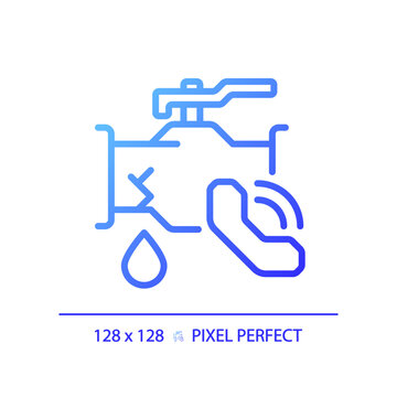 2D pixel perfect gradient icon pipe leakage with call icon, isolated vector, blue thin line illustration representing plumbing.