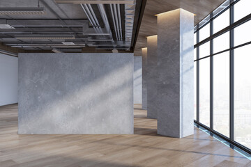 Clean empty spacious concrete interior with mock up place on wall, wooden flooring, windows, city view and daylight. 3D Rendering.