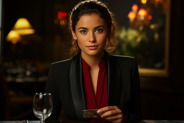 Empowering image of a focused businesswoman making a secure credit card transaction at a luxurious restaurant, emanating professionalism and financial independence.