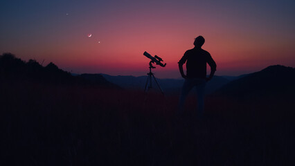 Astronomer looking at the stars, planets, Moon and celestial objects with a telescope.