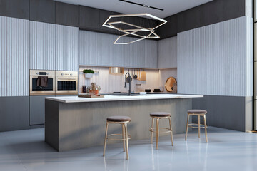 Light stylish luxury gray kitchen interior with furniture and various other objects. Interior designs concept. 3D Rendering.