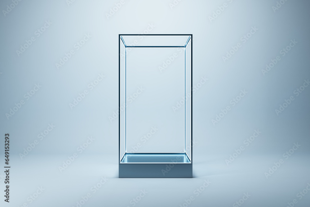 Poster creative empty glass showcase on light background. products presentation and purchase concept. mock 