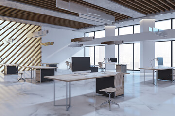 Creative new concrete and wooden coworking office interior with furniture and equipment. 3D Rendering.
