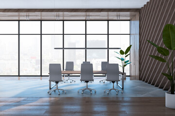 Modern wooden meeting room interior with panoramic window and city view, furniture and decorative plant. Office designs concept. 3D Rendering.