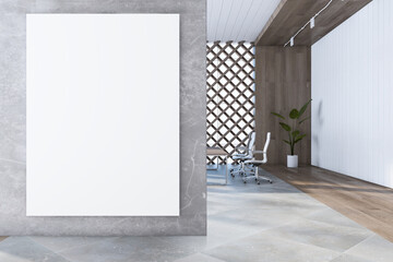 Modern bright meeting room interior with empty white mock up poster, furniture and decorative plant. Office designs concept. 3D Rendering.