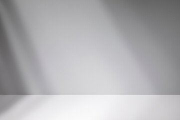 Abstract minimal empty black and white 3d room background. Modern Studio showcase with copy space. Mock up scene with natural window shadows, dappled light overlay effect. Front view, copy space.