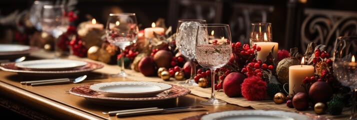 Christmas table decoration closeup, Xmas ball and festive holiday dinner setting, banner