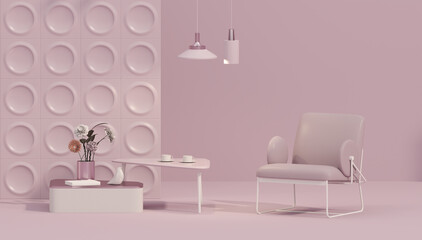 Two armchair in pastel pink color background with copy space. 3D rendering for web page, presentation or picture frame backgrounds, stage, fashion	
