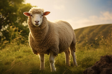 Obraz premium portrait of a small adorable lamb in the field at sunlight