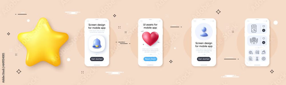 Poster web search, calculator target and tree line icons pack. phone screen mockup with 3d bell, star and p
