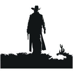 Classic retro western or wild west character, cowboys sheriff or outlaw man black silhouette holding a gun. Isolated vector clipart, illustration  - obrazy, fototapety, plakaty