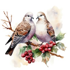 Winter birds in a tree. Christmass on pure whitebackground. Generative Ai