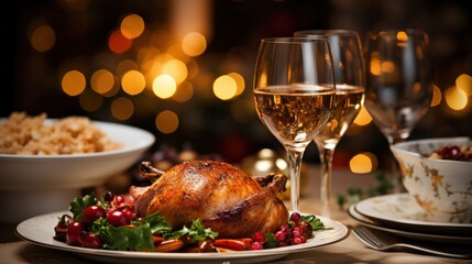 turkey meat baked on the grill with vegetables and herbs on a platter. festive serving against the backdrop of illumination. 