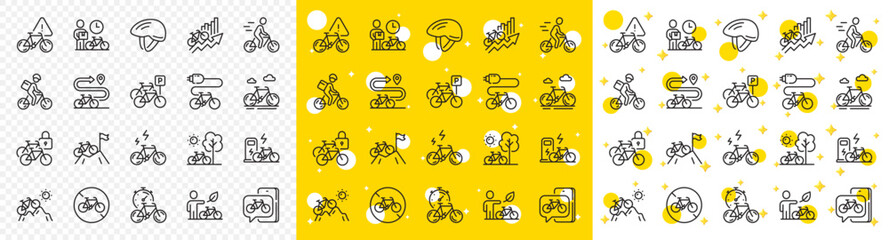 Mountain bike, Travel bicycle and Electric transport set. Bicycle line icons. City delivery, safety helmet and rent a bike line icons. Mountain sport, road transport and cyclist protection. Vector