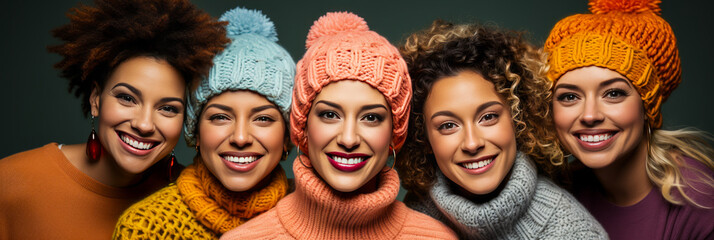 Inspiring ensemble of diverse, confident women in cozy woolen sweaters, expressing authenticity and empowerment conjoined by joyful unity, a vibrant ode to diversity.