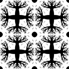 Abstract tile ornament. Black silhouette on a white background - trees and birds, nature. Seamless pattern. Large format.