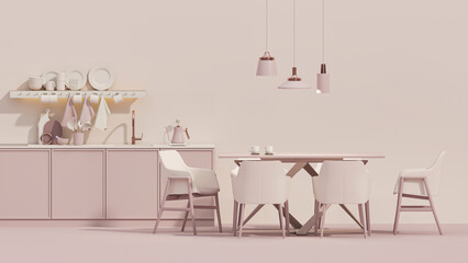 Pink kitchen room with built in sink and stove and minimalist interior design. Dinner table on pastel background. 3d rendering
