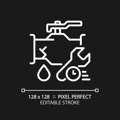 2D pixel perfect editable white pipe leakage with time and wrench icon, isolated vector, thin line illustration representing plumbing.
