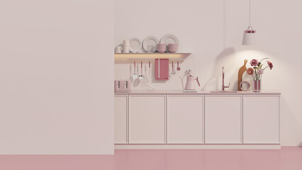 Pink kitchen room with built in sink and stove and minimalist interior design. Dinner table on pastel background. 3d rendering
 - obrazy, fototapety, plakaty