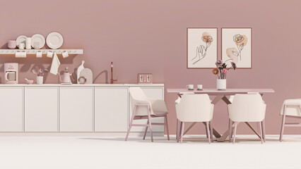 Pink kitchen room with built in sink and stove and minimalist interior design. Dinner table on pastel background. 3d rendering
