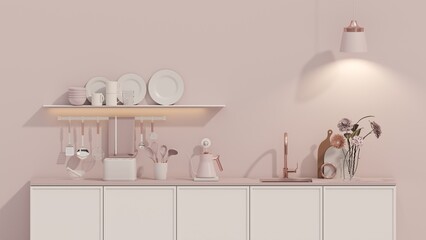 Pink kitchen room with built in sink and stove and minimalist interior design. Dinner table on pastel background. 3d rendering
 - obrazy, fototapety, plakaty