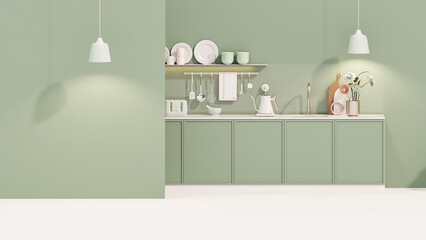 Green kitchen room with built in sink and stove and minimalist interior design. Dinner table on pastel background. 3d rendering
