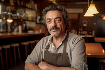 Fototapeta premium Smiling male business owner in an apron. Small cafe concept