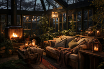 photo of a cozy seating area within the winter garden, complete with blankets, cushions, and a warming fire pit, inviting viewers to experience the charm of a winter retreat