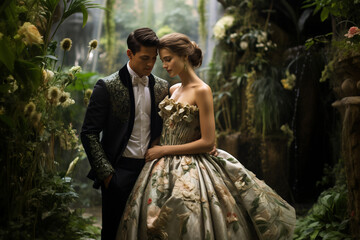 couple in an enchanting garden, their old money-style attire complementing the lush surroundings, creating a scene of natural beauty and timeless fashion