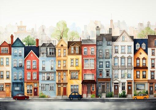 Colorful cartoon illustration houses in a row