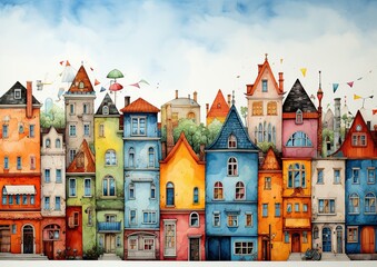 Colorful cartoon illustration houses in a row