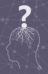 Doubting man. Smart male character with question mark rooted in head. Memory and solution, searching and thinking concept. Unsatisfied serious worrying human. Connected lines with dots.
