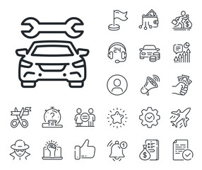 Auto repair sign. Salaryman, gender equality and alert bell outline icons. Car service line icon. Garage service symbol. Car line sign. Spy or profile placeholder icon. Online support, strike. Vector