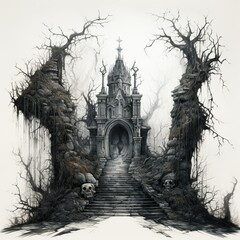 Obraz premium Spooky Halloween illustration with tombs in monochrome