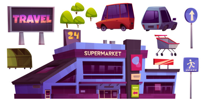 Supermarket store and car parking exterior vector set. City grocery market cartoon clipart design. Outside street business icon with shopping cart, vehicle and hypermarket building isolated element