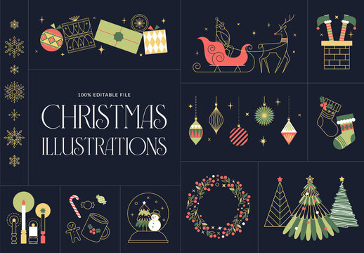 Modern Christmas Illustration Set Festive Holiday Icon